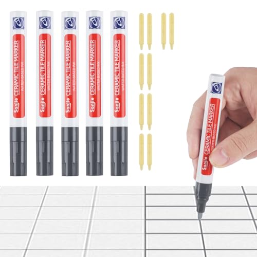 5 Stk Fugenstift Grau, Fugenstift Fugenmörtel Fliesen Stift, Wasserfest Fugenstift mit 10 Ersatzspitze, Wand Fliesen Reparatur Stifte Marker für Fliesen Wand Boden Badezimmer Küche Fliesenstift