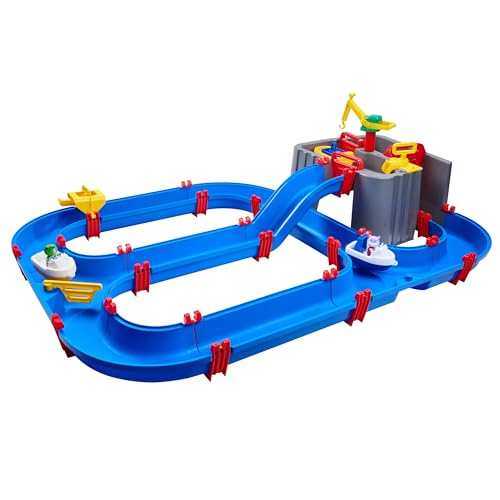 AquaPlay Harbour Wasserbahn - Outdoor-Wasserspiel mit Bahn, Booten und 2 Spiel-Figuren - Wasserspielzeug für Kinder ab 3 Jahre, 128 x 93 x 40 cm
