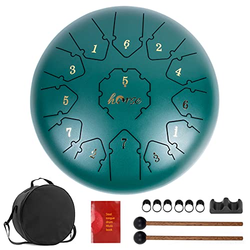 Tongue Drum Horse 12 Inch 13 Tones Steel Handpan Tongue Drum Tank Drum C Key Percussion Kit with Drum Mallets Note Sticker Finger Picks Mallet Holder and Carry Bag Grün