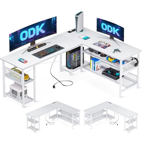 ODK Gaming Tisch, 168×120cm Reversibel Gaming Schreibtisch mit 2 Steckdosen und 2 USB Ladeanschluss, Eckschreibtisch mit Maximale Organisation & Stauraum, Weiß