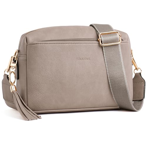 Roulens Damen Handy Umhängetasche,Veganem Leder Crossbody Schultertasche,Breiter Riemen Abendtasche mit drei Reißverschlussfächern Handtaschemit mit Kartenschlitz Verstellbar Abnehmbar Schultergurt