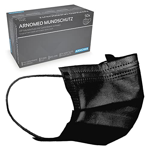 ARNOMED Masken Medizinisch 50x, Masken in Schwarz, OP Masken CE zertifiziert 3-lagig, Medizinische Masken Typ IIR, Mundschutz Medizinisch gemäß Norm EN 14683