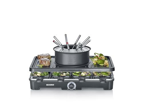 SEVERIN Raclette-Fondue-Kombination für 8 Personen, 2-in-1 Raclette Grill mit Grillplatte & Fondue-Set, Antihaftbeschichtung, inkl. 8 Pfännchen, Schabern & Fondue-Gabeln, spülmaschinengeeignet, RG2347