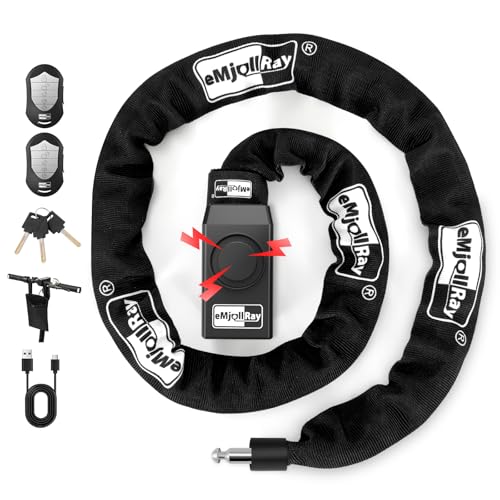 eMjollRay Fahrradschloss mit Alarm 120cm 110dB Fahrrad Alarmanlage Schloss für E Scooter Ebike Motorrad Fahrradschloss mit 2 Fernbedienungen 3 Schlüssel,USB C Kabel,Silikonhülle,Tasche