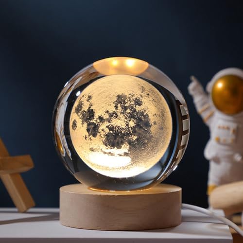 AIDNTBEO 3D-Nachtlicht mit geschnitzter Kristallkugel, Dekoration, Sonnensystem, Planeten, galaktische Glaskugel, Holzsockel, 6 cm (der Mond)