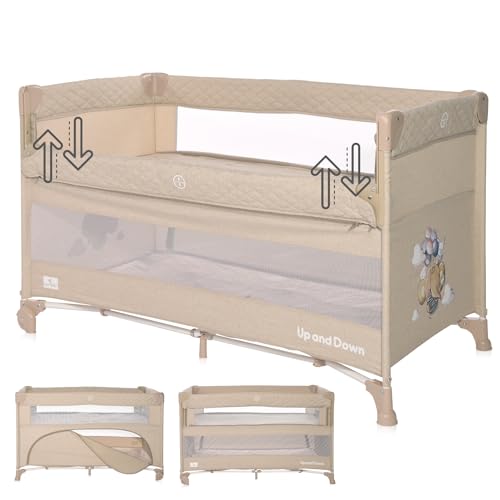 Lorelli 3 in 1 Babybett, Beistellbett und Laufstall Up and Down, Kinderbett mit 2 Ebenen, Seiteneingang und Faltbarer Seitenwand, Baby Reisebett, beige
