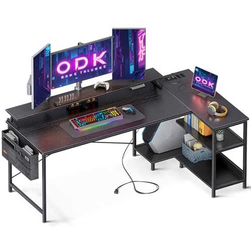 ODK Gaming Tisch L Form, 168x80cm Schreibtisch L Form mit Regal Reversibe, Eckschreibtisch mit USB-Ladeanschluss&Steckdose, Ecktisch mit Monitorständer für Büro, Heimbüro, Schwarz