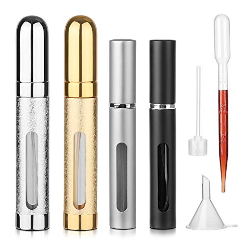 Hyber&Cara Parfümzerstäuber Nachfüllbar, Leere Sprühflasche für Parfüm Aftershave Toner, Parfüm Reise Zerstäuber 2x5ml + 2x12ml, Mini Taschenzerstäuber mit Trichter und Pipette, Aluminium