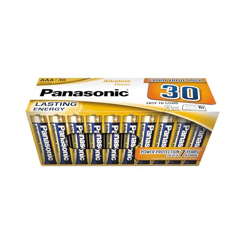 Panasonic, AAA batterien, 30 Stück, Micro, LR03, Alkaline, 1.5V, Auslaufschutz, 7 Jahre bei Lagerung, am besten für Fernbedienungen, Waagen, Uhren, langlebige, verlässliche Energie
