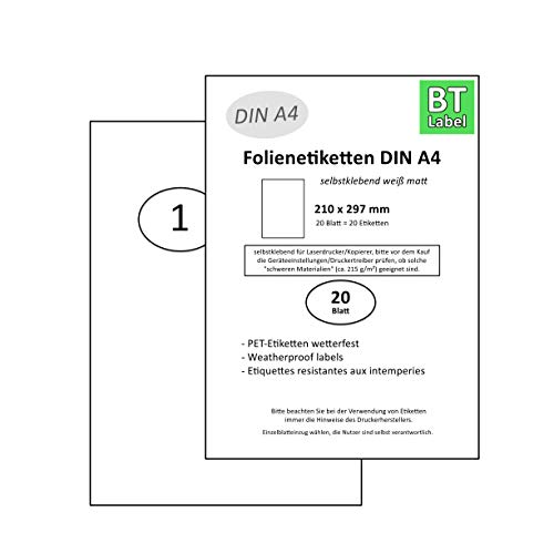 BT-Label 20 Folien-Etiketten Aufkleber auf 20 DIN A4 Blatt Klebefolie Etiketten Wetterfest 210 x 297 mm weiß selbstklebend bedruckbar mit Laserdrucker zum Beschriften