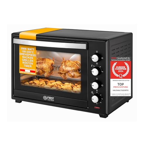 TZS First Austria Minibackofen, 2000 Watt, 60L, mit Innenbeleuchtung, Umluft-Funktion, Drehspieß für 2 Hühnchen, Mini Pizzaofen, herausnehmbares Krümelblech