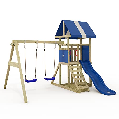 Wickey Spielturm Klettergerüst DinkyHouse, Schaukel & Blaue Rutsche, Outdoor Kinder Kletterturm mit Sandkasten, Leiter & Spiel-Zubehör für den Garten