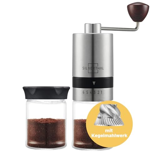 SILBERTHAL Kaffeemühle Manuell Kegelmahlwerk aus Edelstahl - Verstellbarer Mahlgrad von grob bis fein - Handmühle aus Edelstahl und Glas - Ideale Geschenkidee