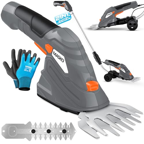 MASKO® Grasschere Strauchschere Set mit Akku 7,2V 2000mA/h elektrische Garten Heckenschere Rasenschere Inkl. Ladegerät, Handschuhe Grasmesser, Strauchmesser & stiel Teleskopstange 90-130cm mit Rädern