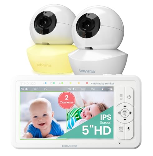 Babysense Babyphone HD 5 Zoll mit 2 Kameras, Video Babyphone ohne WLAN, Nachtlicht, Wiegenlieder, 300m Reichweite, Zwei-Wege-Audio, 4-facher Zoom, 4000mAh Akku