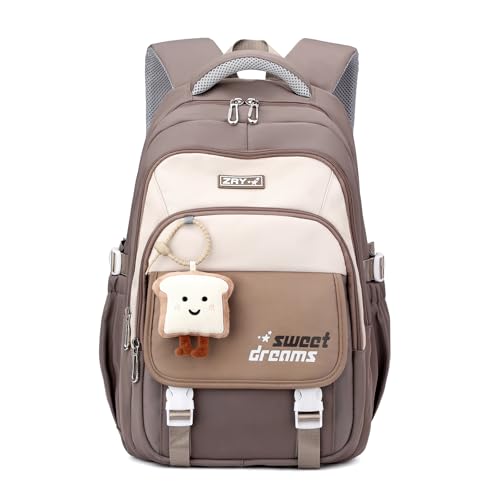 Amythe Schulrucksack Teenager - 36L Schulranzen für Mädchen 3. - 5. Klasse, Großer Rucksack für Mittel- und Oberstufe, Lässiger Kinderrucksack mit Süßem Anhänger und Trolleyband, Braun