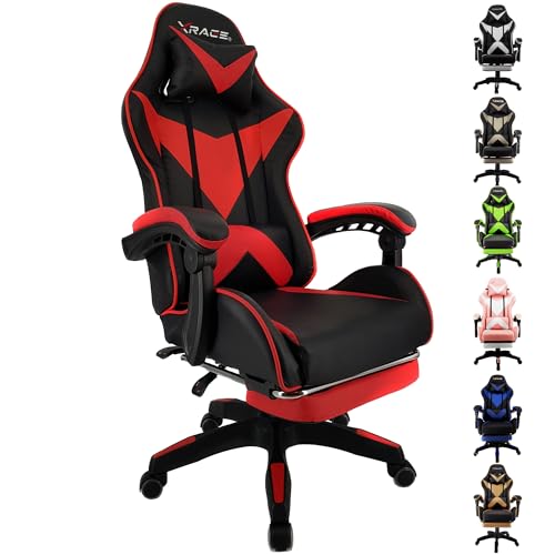 xRace Gaming Stuhl, Bürostuhl, Ergonomischer Pc Stuhl, Gaming Sessel aus Leder mit Lendenwirbelstütze, Verstellbarer Drehbarer, Task Stühle mit Fußstütze und Kopfstütze, Rot