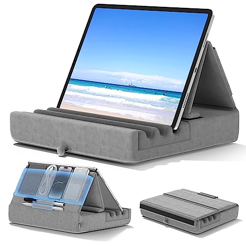 KDD Tablet Halter Kissen, Faltbarer iPad Ständer für Schoß Bett Schreibtisch - Tablet Weicher Kissenhalter mit Tasche & Stylus Halterung für iPad Pro 12.9 10.5 9.7 Air Mini 6 5 4 E-Reader Grau