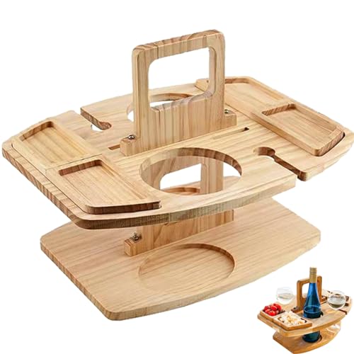 Jeorywoet Picknicktisch tragbarer Abnehmbarer Weintisch mit 2 Weingläserhalter stilvoller Holz -Mini -Snack -Tablett für Weinliebhaber im Freien im Freien, Strand, Camping, Weintisch