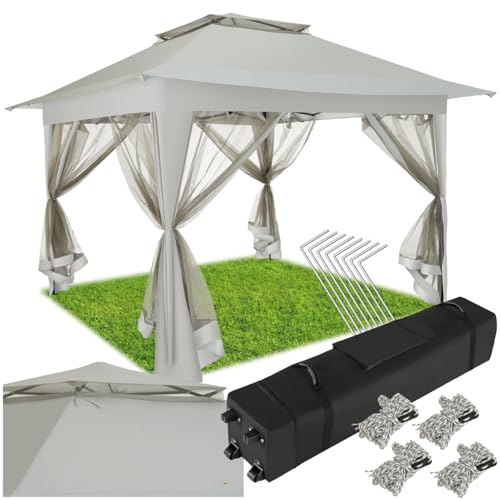 tectake Faltpavillon mit wasserabweisendem Doppeldach mit UV-Schutz, 364 x 364 x 294 cm, Gartenpavillon mit 4 Moskitonetz Seitenteilen, faltbar, Pavillon inkl. Transporttasche mit Rollen - grau