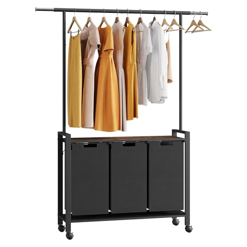 Wäschesammler 3 fächer, Wäschekorb mit Ablage, 95x32.5x176cm laundry baskets, Treppenkorb,Wäschesortierer mit Garderobenständer Kleiderständer, 3x49 L Wäschesack ausziehbar