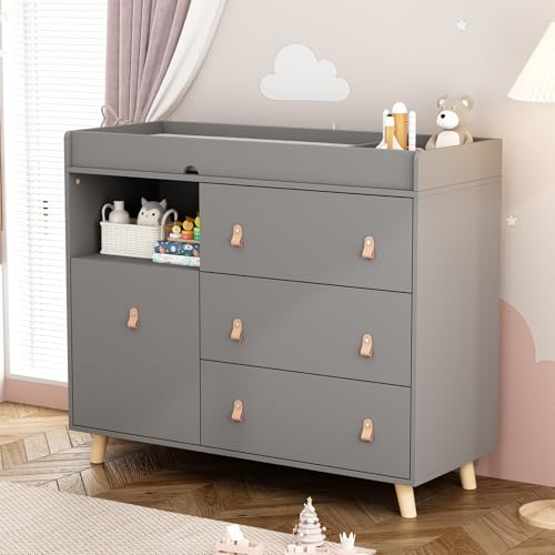 DAWNSPACES Wickeltisch,Wickelkommode mit Wickelaufsatz,Babymöbel mit 4 Schubladen,Babykommode mit Ablagefläche,für Babyzimmer Schlafzimmer,grau,114x46x96cm