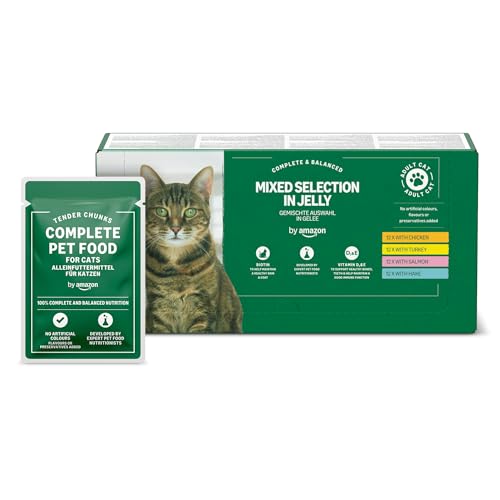 by Amazon Getreidefreies Alleinfutter für ausgewachsene Katzen, gemischte Auswahl in Gelee, 4,8 kg (48 Packungen à 100 g)
