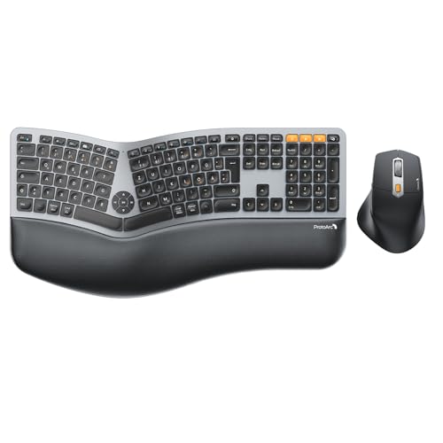 ProtoArc EKM01 Plus Tastatur Maus Set Kabellos Ergonomisch, Full Size Ergo Bluetooth Funkastatur mit Maus, Wireless Keyboard Split Design, Handgelenkauflage, Multi-Device, für Windows/Mac/Android