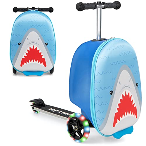 GOPLUS 2 in 1 Kinderkoffer mit Roller, 26 Zoll Reisegepäck mit Eva-Gehäuse & blinkenden LED-Rädern, Klappbarer Scooter mit einziehbarem Lenker für Kinder ab 5 Jahre alt (Hai)