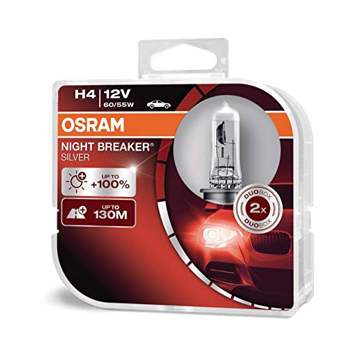 Osram Night Breaker Silver H4, +100% mehr Helligkeit, Halogen-Scheinwerferlampe, 64193NBS-HCB, 12V Pkw, Duo Box (2 Lampen)