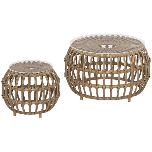 Outsunny 2er Set Beistelltisch Polyrattan Ø66/42 cm rund wetterfest Gartentisch mit Glasplatte Outdoor Balkontisch Couchtisch Gartenmöbel für Garten, Balkon Braun