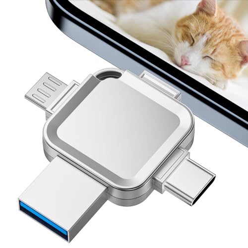 【Keine App Erforderlich】 4-in-1 USB Stick iPhone 256GB, Yueflue Speicherstick iPhone mit i0S/USB/Type C/Micro-Schnittstellen Bietet. Ganzmetall-Kreuz Photo Stick Speichert Mehr Fotos und Videos.