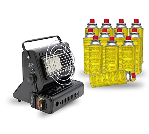 Campata tragbare 2in1 Gasheizung & Gaskocher | 90° drehbar | mini Camping-Heizung Gasheitzer | Keramik-Brenner | Gasstrahler | Kochfunktion, Zeltheizung (+12 Gaskartuschen)