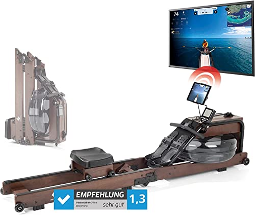 FitEngine Premium Holz-Rudergerät mit Wasserwiderstand, klappbar | 100% massives Eschenholz für effektives Training zuhause | Kompatibel mit Kinomap-App | Trainingscomputer und Tablethalterung