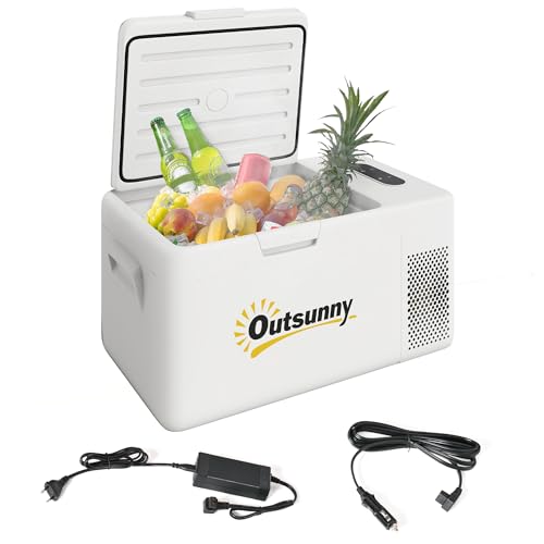 Outsunny 16,8 Liter Kompressor Kühlbox elektrisch Mini Kühlschrank bis -20℃ Kühlbox mit LED ECO-Modus Anschluss Kühlfunktion leise Gefrierbox Thermobox 12/230 Volt für Auto Lkw, Boot Reisen Cremeweiß