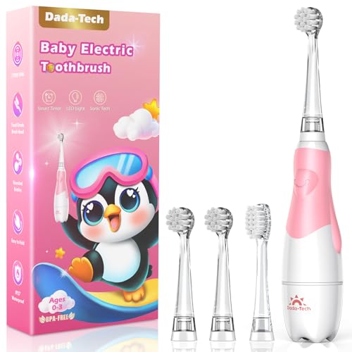 Elektrische Zahnbürste Kinder Baby Zahnbürste Kinderzahnbürste Elektrisch ab 1 2 3 Jahre mit LED-Licht Integrierter Timer 90%abgerundeten Borsten Babyzahnbürste für Kleinkind ab 6 Monate(Rosa Pinguin)