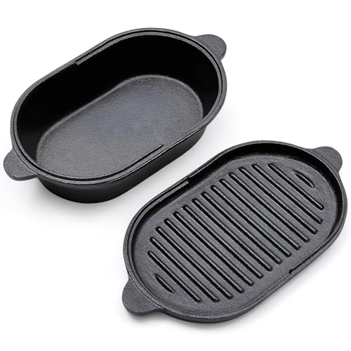 Warmiehomy 2in1 Gusseisen Topf Dutch Oven 2L - Oval 23cm Gusseisen Topf Brot Backen Induktion Mit Deckel - Preseasoned Gusseisentopf und Pfanne Set - Bräter,Schmortöpfe