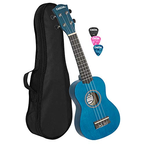 CASCHA Sopran Ukulele Set für Kinder und Erwachsene I Ukulele Starter Kit mit 3 Plektren Tasche I Ukulele Set Aquila Saiten Nylon I Kleine Hawaii Gitarre für Anfänger Fortgeschrittene I Blau