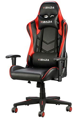 Hbada Gaming Stuhl Racing Stuhl Bürostuhl Chefsessel ergonomischer Drehstuhl Computerstuhl Kunstleder mit Kopfstütze und Ledenkissen Rot