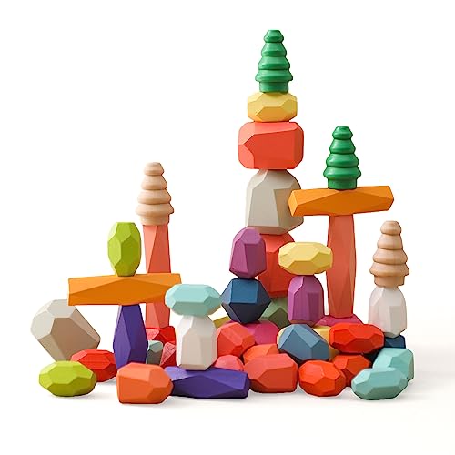 Promise Babe Montessori Holzspielzeug 48 PCS Balanciersteine für Kinder,Stapelsteine Bausteine Balance Steine, Holz Stapelspielzeug Sortieren Stapeln Balancier Stapelspiel Lernspielzeug 3 Jahr+