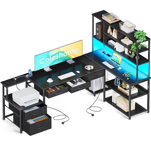 Coleshome Eckschreibtisch mit 5 Schubladen & 4 Regalen, 200×110cm Schreibtisch L-Form mit LED, Steckdosen & USB, großer Schreibtisch für Homeoffice, Schwarz