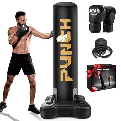 Schwerer Boxsack mit Ständer für Erwachsene, Teenager und Kinder, freistehender aufblasbarer Boxsack mit Handschuhen, Stand-Kickbox-Boxset für Männer und Frauen für Kampfsport, MMA, Heim-Fitnessstudio