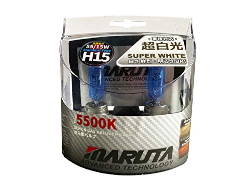 MARUTA SUPER WHITE H15 12V 55/15W Halogenlampe für Fernlicht & Tagfahrlicht, 5500K Xenon-Effekt, langlebige Xenon-Gas Birne mit hochwertigem Quarzglas & Straßenzulassung (ECE Prüfzeichen)