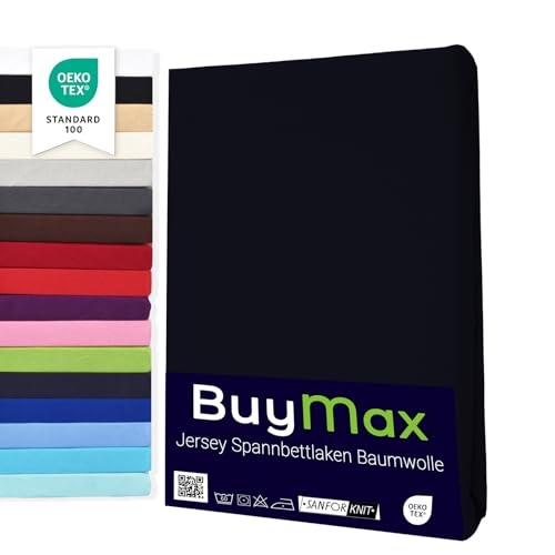 Buymax Spannbettlaken 140x200cm Baumwolle 100% Spannbetttuch Bettlaken Jersey, Matratzenhöhe bis 25 cm, Farbe Schwarz