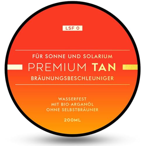 Premium Tan Bräunungsbeschleuniger LSF 0, 200 ml - Mit Bio-Arganöl, Wasserfest, Parabenfrei, Ohne Tierversuche - Bräunungscreme ohne Selbstbräuner - Für eine schnelle natürliche Bräune in der Sonne