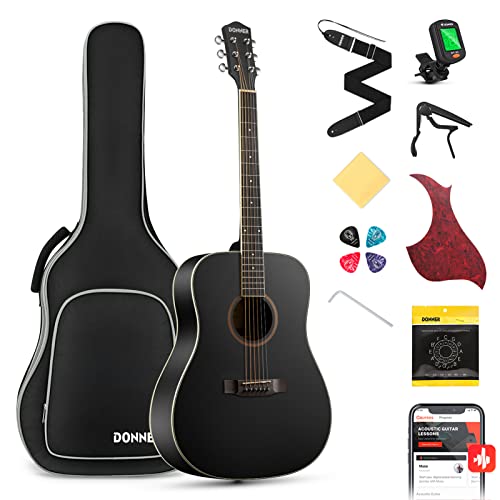 Donner Gitarre Akustik Anfänger Erwachsene Akustikgitarre Kit Einsteiger 4/4 Dreadnought 41 Zoll Gitarren mit 6 Saiten Gigbag Capo Plektren Gurt (Schwarz）