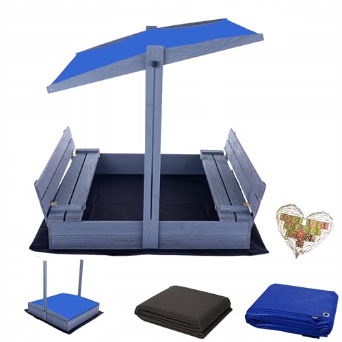 Sunwood Magus Sandkasten Imprägniert mit Dach inkl. Video Anleitung für Montage Sonnenschutz UV-Schutz Sandbox mit Abdeckung mit Sitzbänken mit Plane Sandkiste Holz 120x120 140x140 XL, IMP-2024, Grau