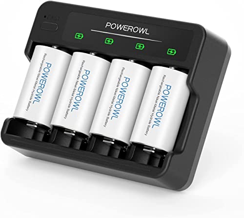 POWEROWL D Akku mit 4 Fach Ladegerät, Akkuladegerät Typ-C USB Schnellladung für AA AAA C D NI-MH Akkus Wiederaufladbare D Batterien – 4 Stück