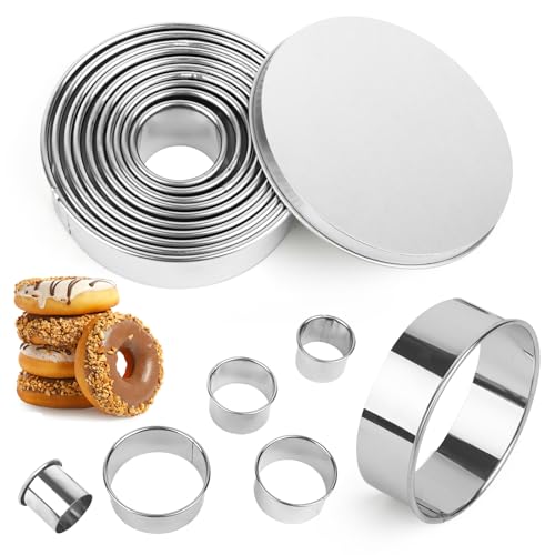 11 Teiliges Set Edelstahl Ausstechformen Ring,Plätzchen Ausstecher Rund,Runde Cookie Cutter mit Aufbewahrungsbox,Donut Ausstecher Ring,Keksform,Formen für Doughnuts,Kekse,Gebäck