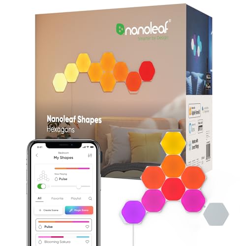 Nanoleaf Shapes Hexagon Starter Kit, 9 Smarten LED Panels RGBW - Modulare WLAN 16 Mio. Farben Wandleuchte Innen, Musik & Bildschirm Sync, Funktioniert mit Alexa Google Apple, für Deko & Gaming